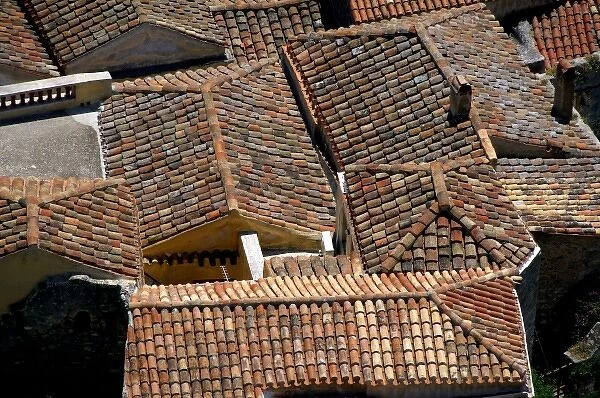 Europe, Greece, Peloponnese, Monemvasia (single entrance). Detail view of roof top tiles