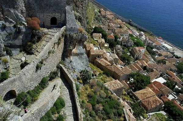 Europe, Greece, Peloponnese, Monemvasia (single entrance). Medieval zig-zag path