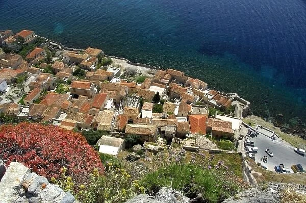 Europe, Greece, Peloponnese, Monemvasia (single entrance). View overlooking the old city main gate