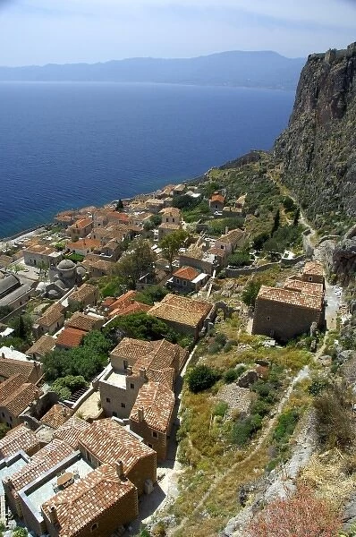 Europe, Greece, Peloponnese, Monemvasia (single entrance). View overlooking the trail