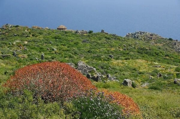 Europe, Greece, Peloponnese, Monemvasia. Mountain top ruins with octagonal 12th century