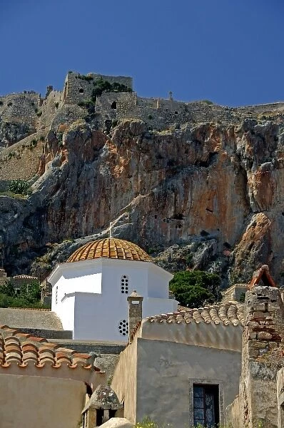 Europe, Greece, Peloponnese, Monemvasia. One of over 40 churches, medieval fortress in distance