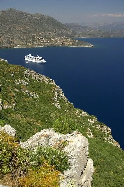 Europe, Greece, Peloponnese, Monemvasia. View of cruise ship in the Mirtoon Sea from
