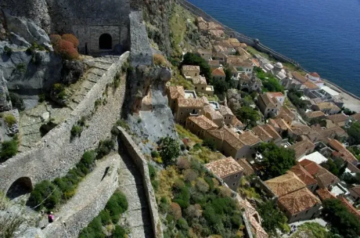 Framed Print : Europe, Greece, Peloponnese, Monemvasia (single entrance). Medieval zig-zag path Framed Print : Europe, Greece, Peloponnese, Monemvasia (single entrance). Medieval zig-zag path