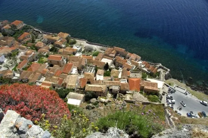 Framed Print : Europe, Greece, Peloponnese, Monemvasia (single entrance). View overlooking the old city main gate Framed Print : Europe, Greece, Peloponnese, Monemvasia (single entrance). View overlooking the old city main gate