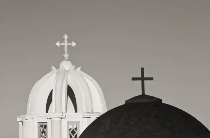 Framed Print : Europe, Greece, Santorini. Church steeples and crosses Framed Print : Europe, Greece, Santorini. Church steeples and crosses