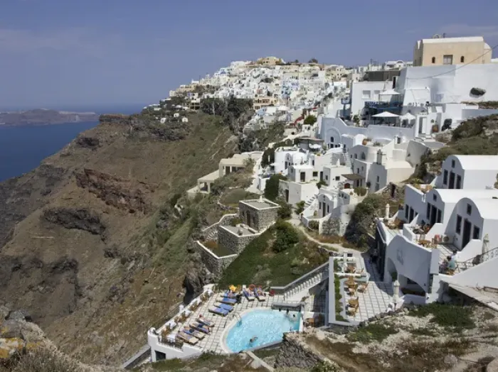 Framed Print : Europe, Greece, Santorini. Daytime shot of cliffside villas in Fira. Credit as: Bill