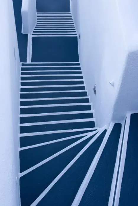 Framed Print : Europe, Greece, Santorini. Looking down on painted blue and white stairway. Credit as