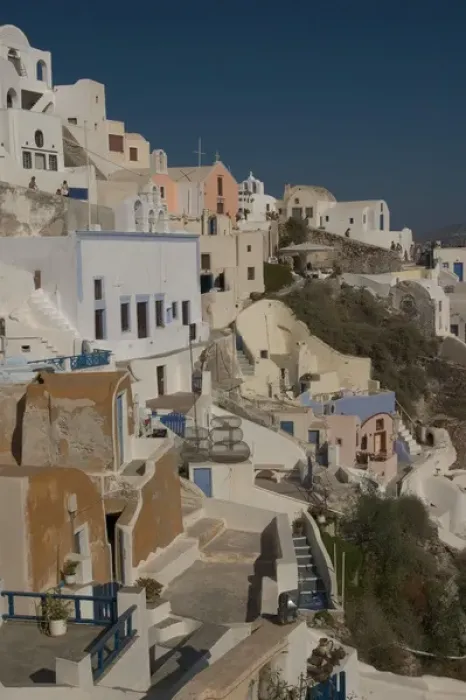 Framed Print : Europe, Greece, Santorini, Oia: the hanging clifftop village at sunset