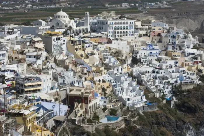 Framed Print : Europe, Greece, Santorini. Overview of clifftop town of Fira. Credit as: Bill Young Framed Print : Europe, Greece, Santorini. Overview of clifftop town of Fira. Credit as: Bill Young
