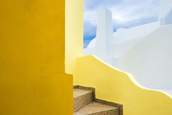 Framed Print : Europe, Greece, Santorini. Stairs and building shapes