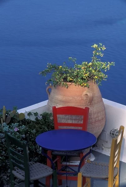Europe, Greece, Santorini. Terrace with sea view