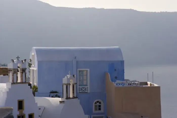 Framed Print : Europe, Greece, Santorini, Thira, Oia. Villa and patio with cliffs in distance. Credit as Framed Print : Europe, Greece, Santorini, Thira, Oia. Villa and patio with cliffs in distance. Credit as