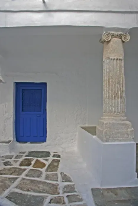 Framed Print : Europe, Greece, Sifnos, Kastro. A ancient column is incorporated into a more recent home