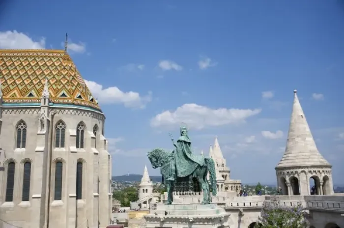 Framed Print : Europe, Hungary, Budapest, Buda, Castle Hill, statue of St. Stephen, Matthias Cathedral Framed Print : Europe, Hungary, Budapest, Buda, Castle Hill, statue of St. Stephen, Matthias Cathedral