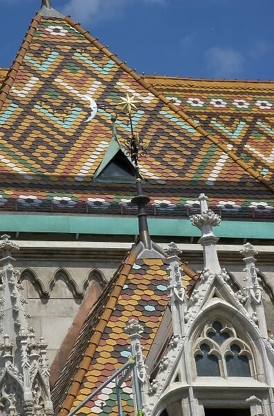 Europe, Hungary, Budapest, Castle district, detail of Matthias Church, tile roof
