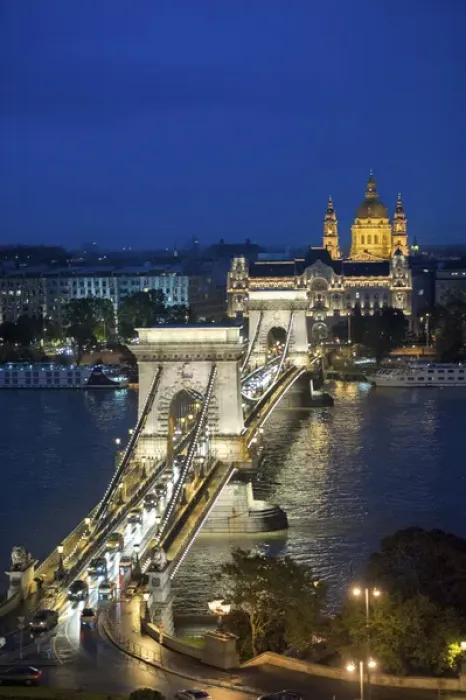 Framed Print : Europe, Hungary, Budapest, Chain Bridge, night, Danube River Framed Print : Europe, Hungary, Budapest, Chain Bridge, night, Danube River