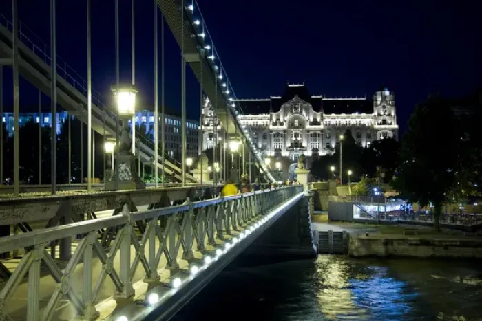 Framed Print : Europe, Hungary, Budapest. Chain Bridge over the River Danube at night. Credit as Framed Print : Europe, Hungary, Budapest. Chain Bridge over the River Danube at night. Credit as