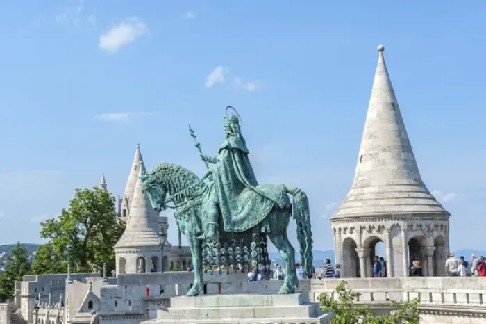 Framed Print : Europe, Hungary, Budapest, Fishermans Bastion, Stephen I statue