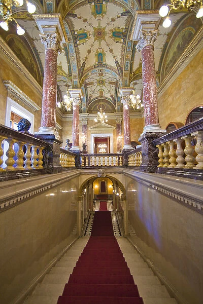 Europe, Hungary, Budapest. Interior ceiling and stairway of Parliament Building. Credit as