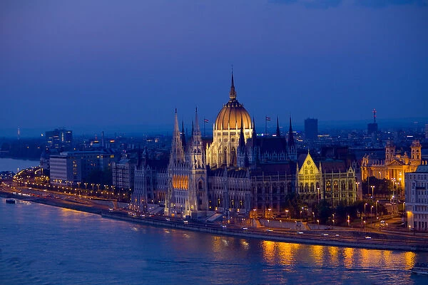Europe, Hungary, Budapest. Nighttime overview of the Parliament Building and city