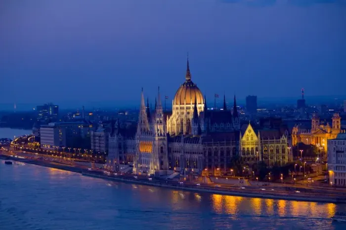 Framed Print : Europe, Hungary, Budapest. Nighttime overview of the Parliament Building and city