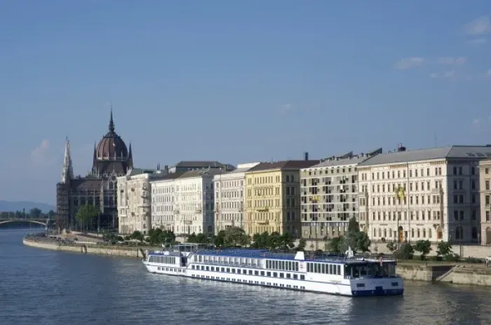 Framed Print : Europe, Hungary, Budapest, riverboat on Daunube River, view of Pest