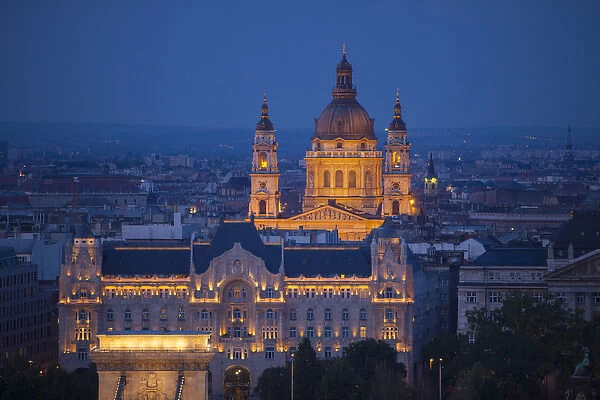 Europe, Hungary, Budapest. St. Stephenas Cathedral lit at night