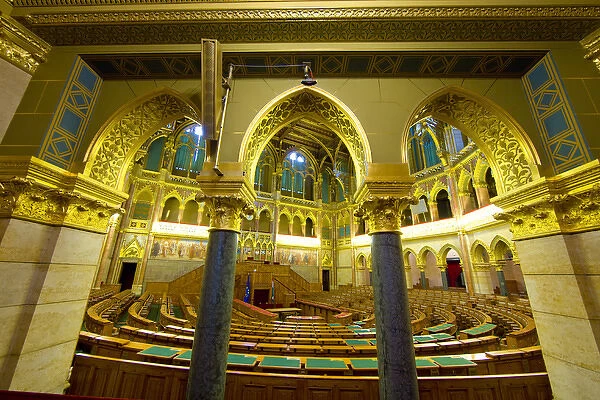 Europe, Hungary, Budapest. View of the Parliament Buildings ornate legislature chamber