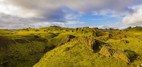 Europe, Iceland. Aerial view of the hills near THakgil on the southern coast of Iceland