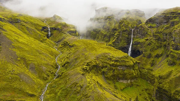 Europe, Iceland. Aerial view of Mulagljufur canyon with the waterfalls Hangandifoss