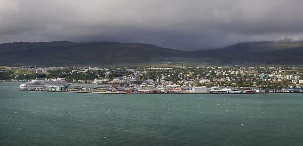 Europe, Iceland, Akureyri. View of harbor and city from the Eyjafjordur Fjord. Credit as