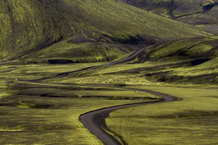 Framed Print : Europe, Iceland. Black dirt road curves through green countryside Framed Print : Europe, Iceland. Black dirt road curves through green countryside