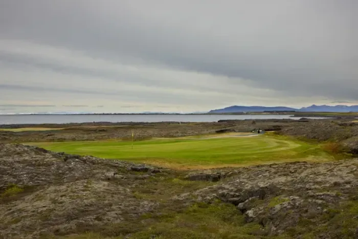 Framed Print : Europe, Iceland, Hafnarfjordur. Golf course carved from a large lava field. Credit as