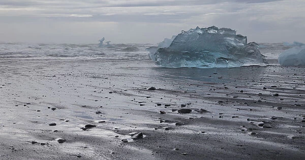 Europe, Iceland. Iceberg pieces from Jokulsarlon Lagoon washed onto black sand beach by storm