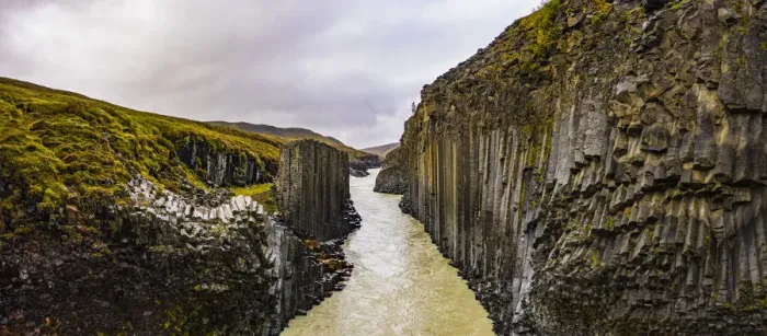 Framed Print : Europe, Iceland. Panoramic aerial view of the basalt columns lining the Studlagil river Framed Print : Europe, Iceland. Panoramic aerial view of the basalt columns lining the Studlagil river