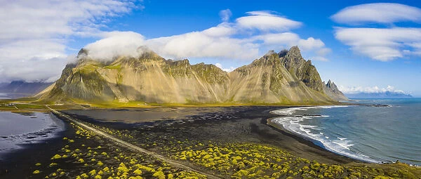 Europe, Iceland. Panoramic aerial view of the black sand beach