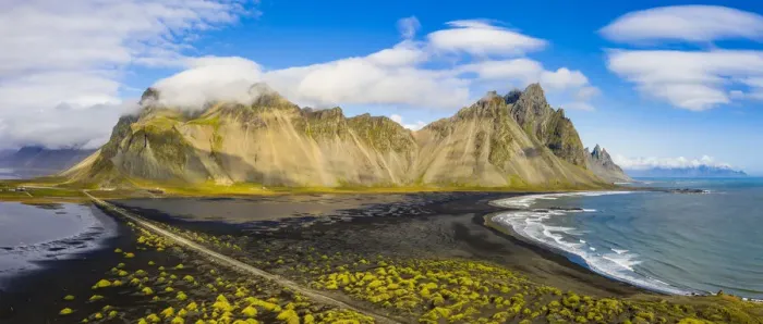 Framed Print : Europe, Iceland. Panoramic aerial view of the black sand beach Framed Print : Europe, Iceland. Panoramic aerial view of the black sand beach