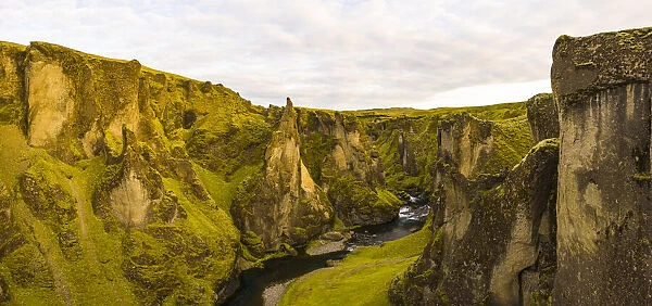 Europe, Iceland. Panoramic aerial view of the canyon Fjadrargljufur