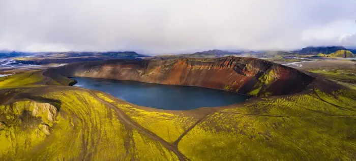 Framed Print : Europe, Iceland. Panoramic aerial view of Ljotipollur, a caldera lake in the highlands of Landmannalaugar