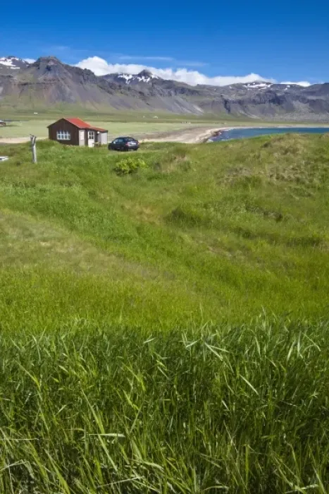 Framed Print : Europe, Iceland, Snaefellsnes Peninsula, scenic landscape with house and car Framed Print : Europe, Iceland, Snaefellsnes Peninsula, scenic landscape with house and car