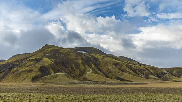 Europe, Iceland. View of the volcanic hills and moss covered lava of the Landmannalaugar area in the highlands area