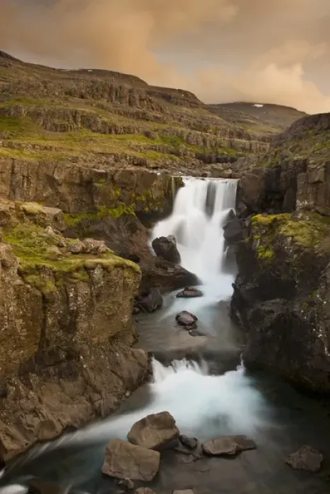 Framed Print : Europe, Iceland. Waterfall in Berufjordur Fjord. Credit as: Don Grall  /  Jaynes Gallery