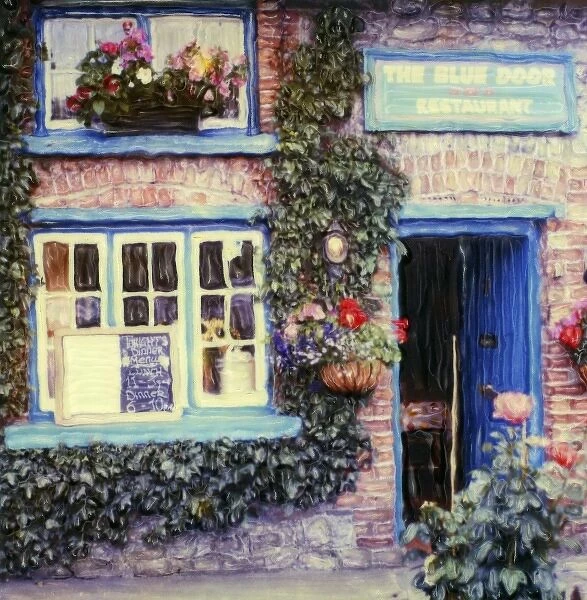 Europe, Ireland, Adare, Blue Door Restaurant. Window and door of restaurant Polaroid