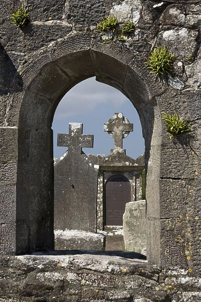 Europe, Ireland, County Mayo, Burrishoole Abbey. Tombstones with crosses framed by a stone archway