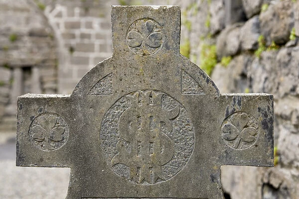 Europe, Ireland, County Mayo, Murrisk. Celtic cross detail in ruins of Murrisk Abbey