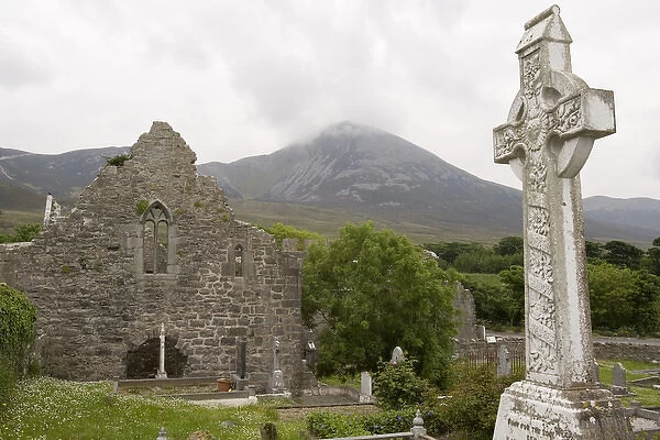 Europe, Ireland, County Mayo, Murrisk. Ruins and cemetery of Murrisk Abbey with Croagh Patrick