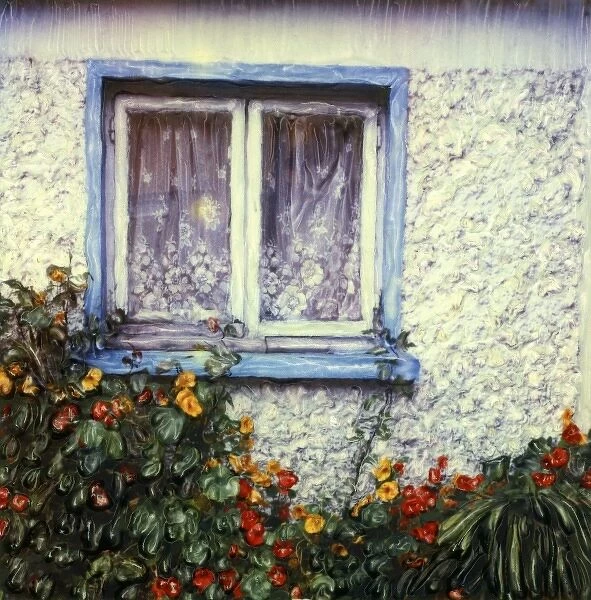 Europe, Ireland, Dingle. Blue framed window on white wall with flowers. Polaroid
