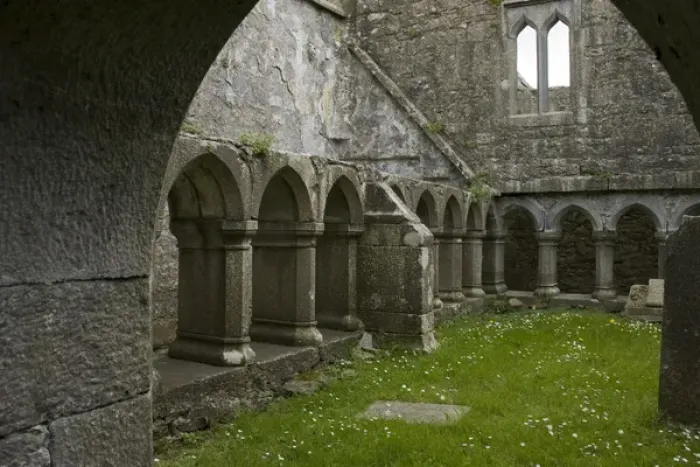 Framed Print : Europe, Ireland, Galway. Stone arches and columns inside the ruins of the Ross Errilly Friary