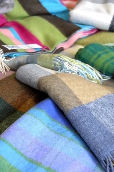Europe, Ireland, Kerry County, Ring of Kerry. Gap of Dunloe Industries, colorful wool scarves